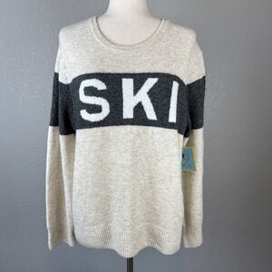 NWT CeCe SKI Motif Crew Neck Sweater Size M Ivory Gray W/ Headband Apres Lodge